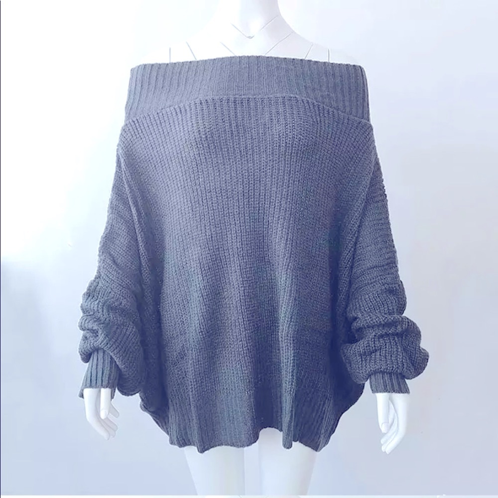 Slate Gray Slouchy Off Shoulder Oversized Sweater - Picture 4 of 5